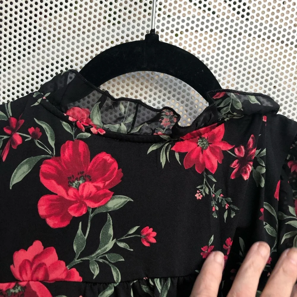PerSeption Concept Black Blouse with Red Floral Print